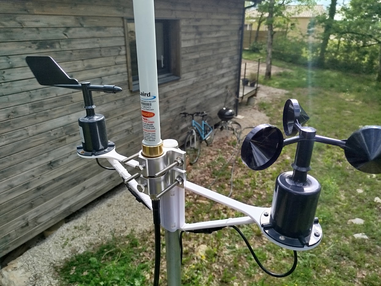 A gateway antenna mounted above a weather cross-arm, clear of the sensors below it