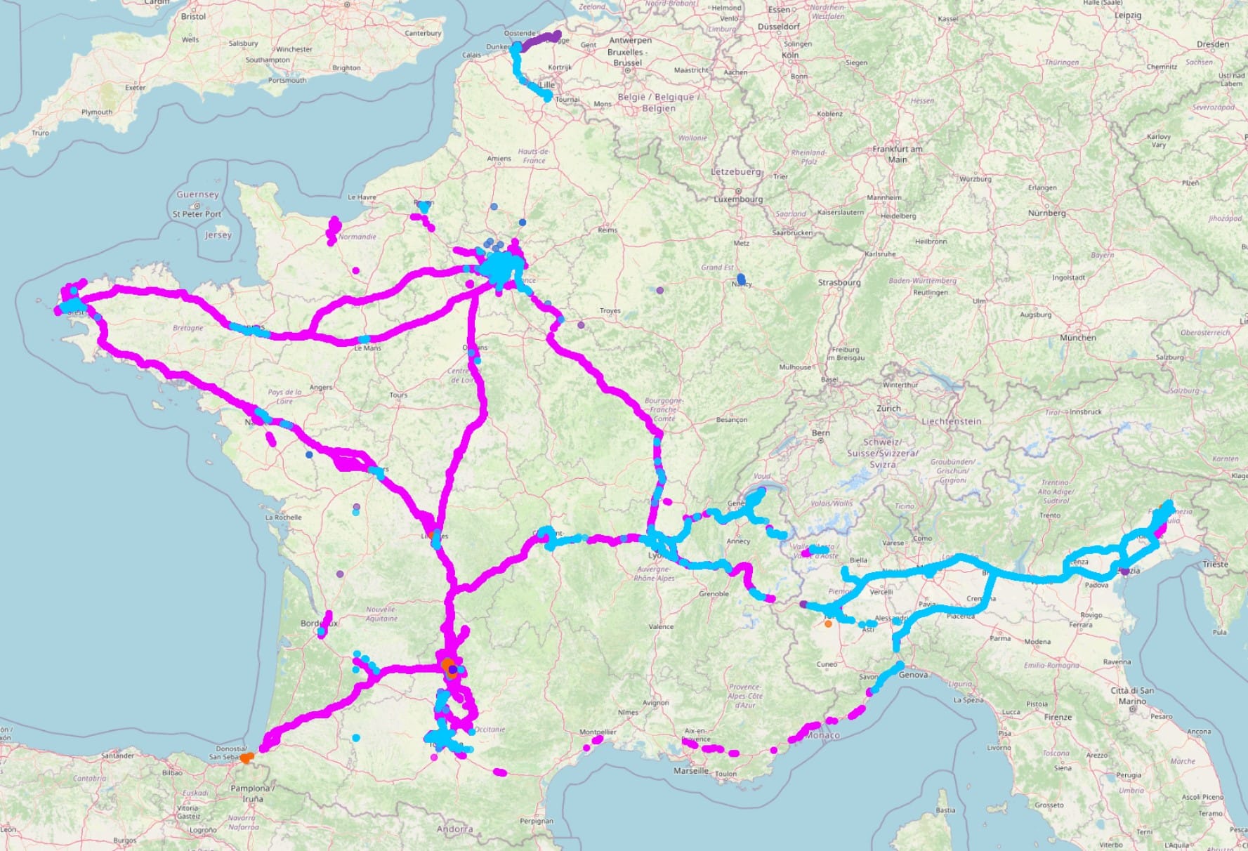 Logged positions plotted across a long journey