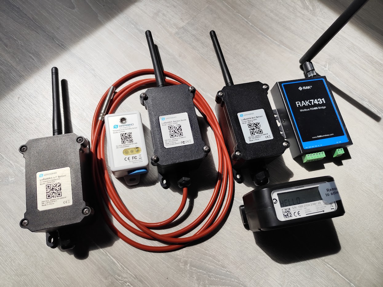 Six different LoRaWAN device models side by side, each with its own decoder emitting its own set of field names