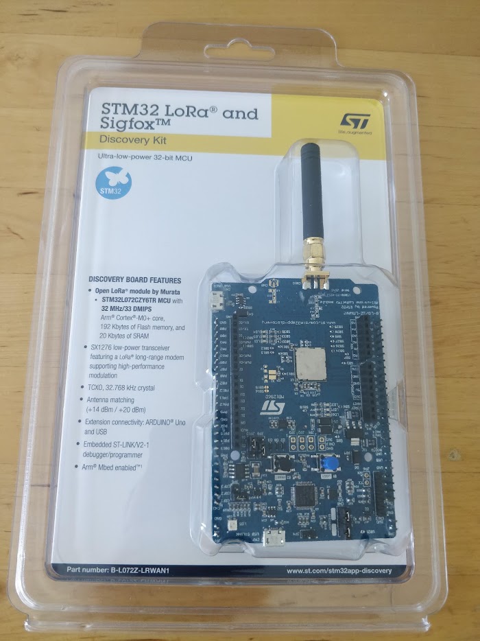 An STM32 LoRa discovery kit still sealed in its blister packaging