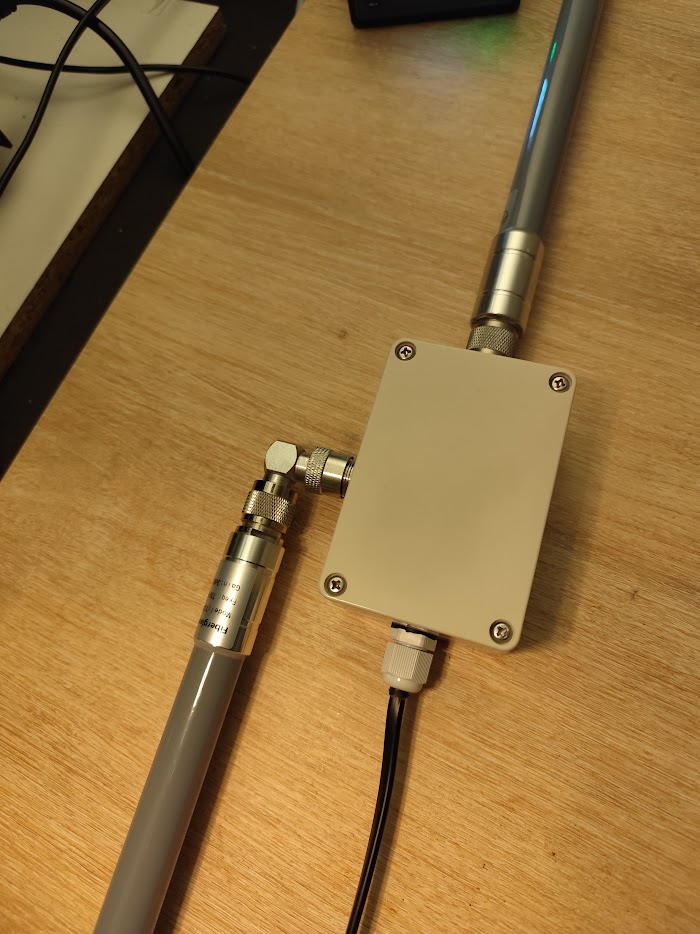 Weatherproof relay enclosure with dual 868 MHz fibreglass antennas