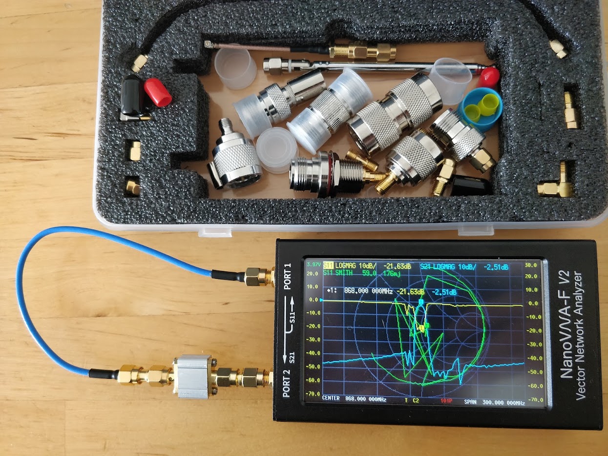 A second SAW filter measured at 2.51 dB insertion loss and 21.63 dB return loss, beside the open calibration and adapter kit