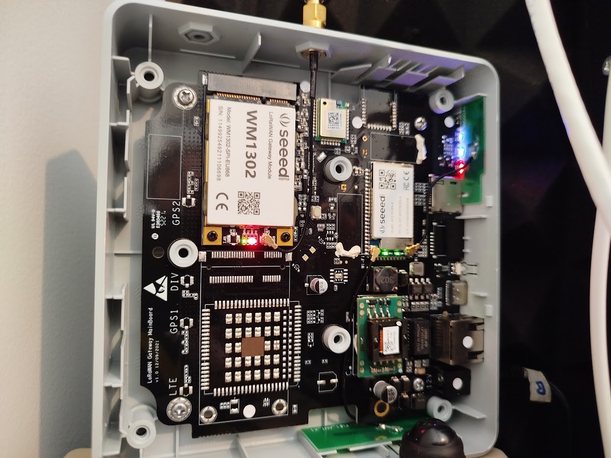 The inside of a gateway showing the SX1302 concentrator module on the mainboard